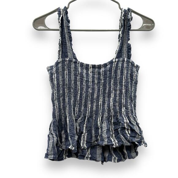Anthropologie Maeve Schuyler Smocked Blue & White‎ Striped Peplum Top Sz M - Picture 3 of 7
